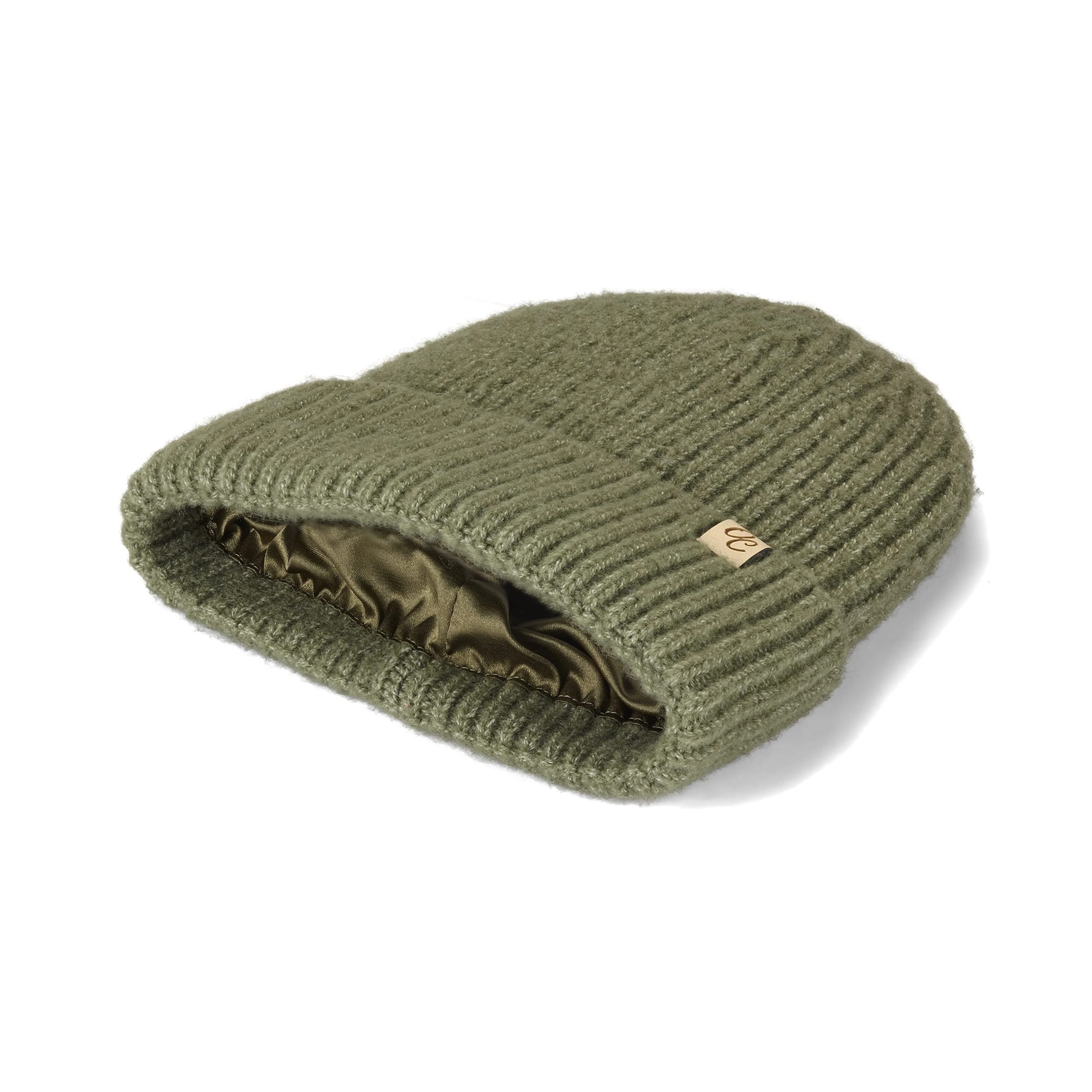 Only Curls Satin Lined Knitted Beanie Hat - Ella in Olive Green - Image 5