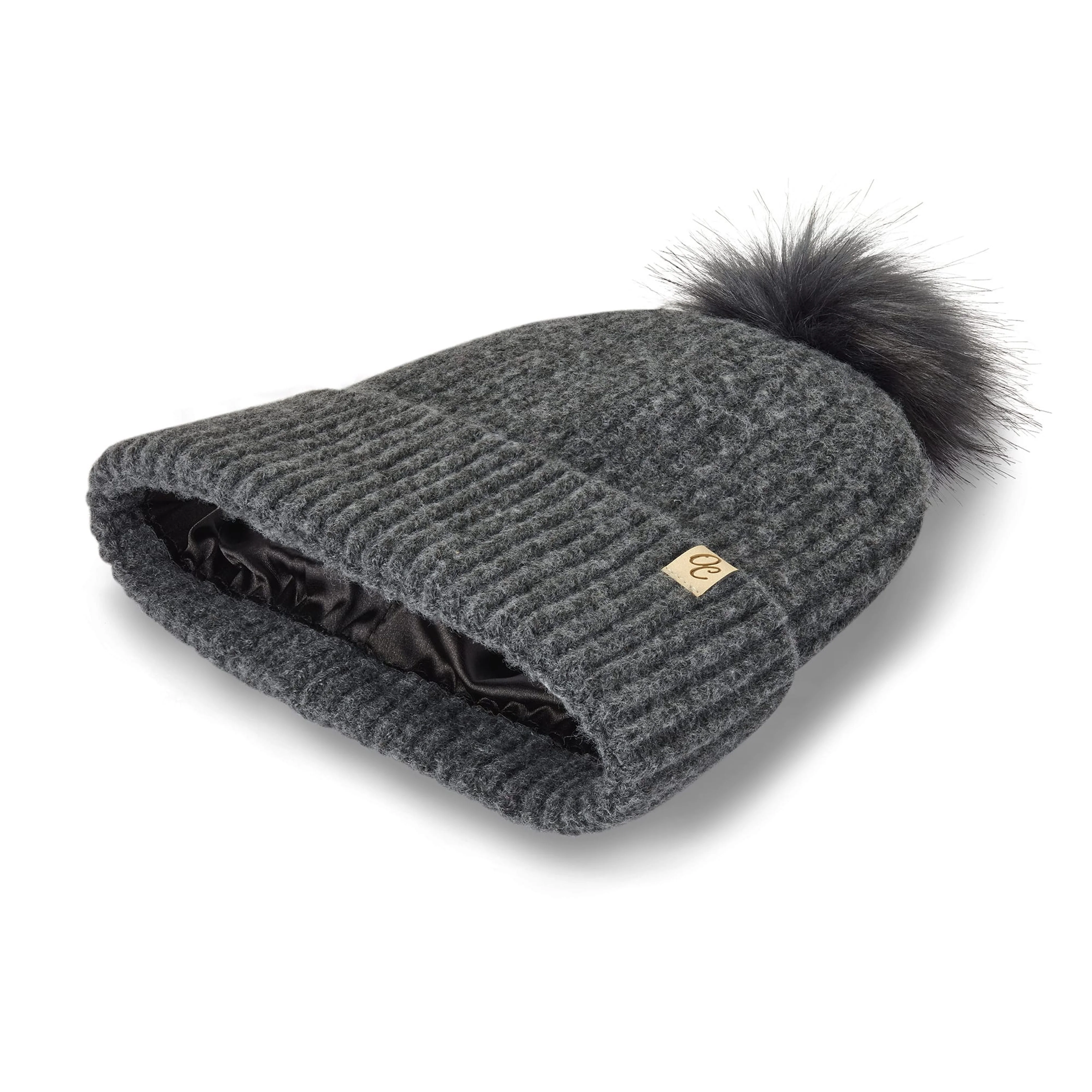 Only Curls Satin Lined Beanie with Pom - Carrie in Dark Grey - Image 5