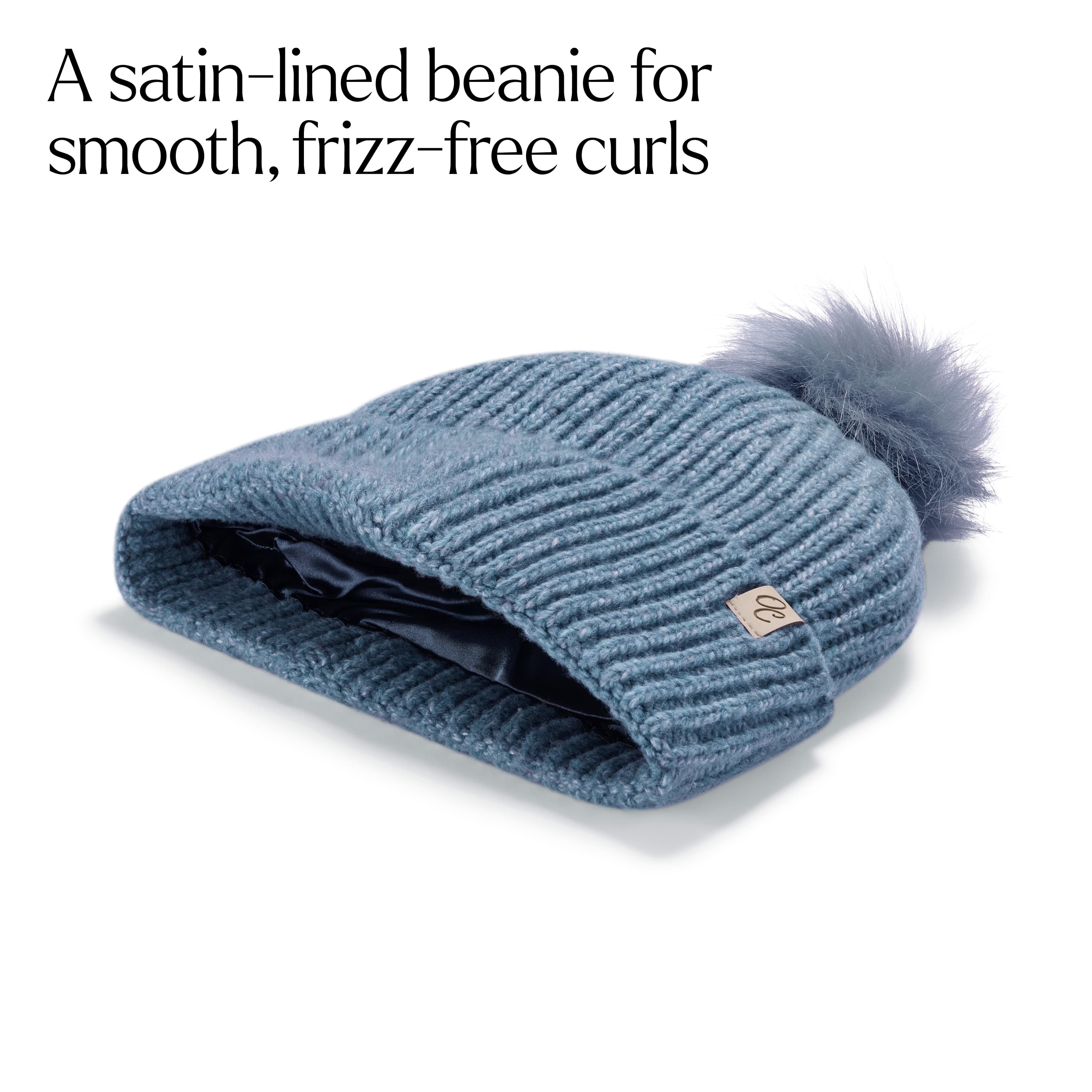 Only Curls Satin Lined Beanie with Pom - Carrie in Dusty Blue - Image 3