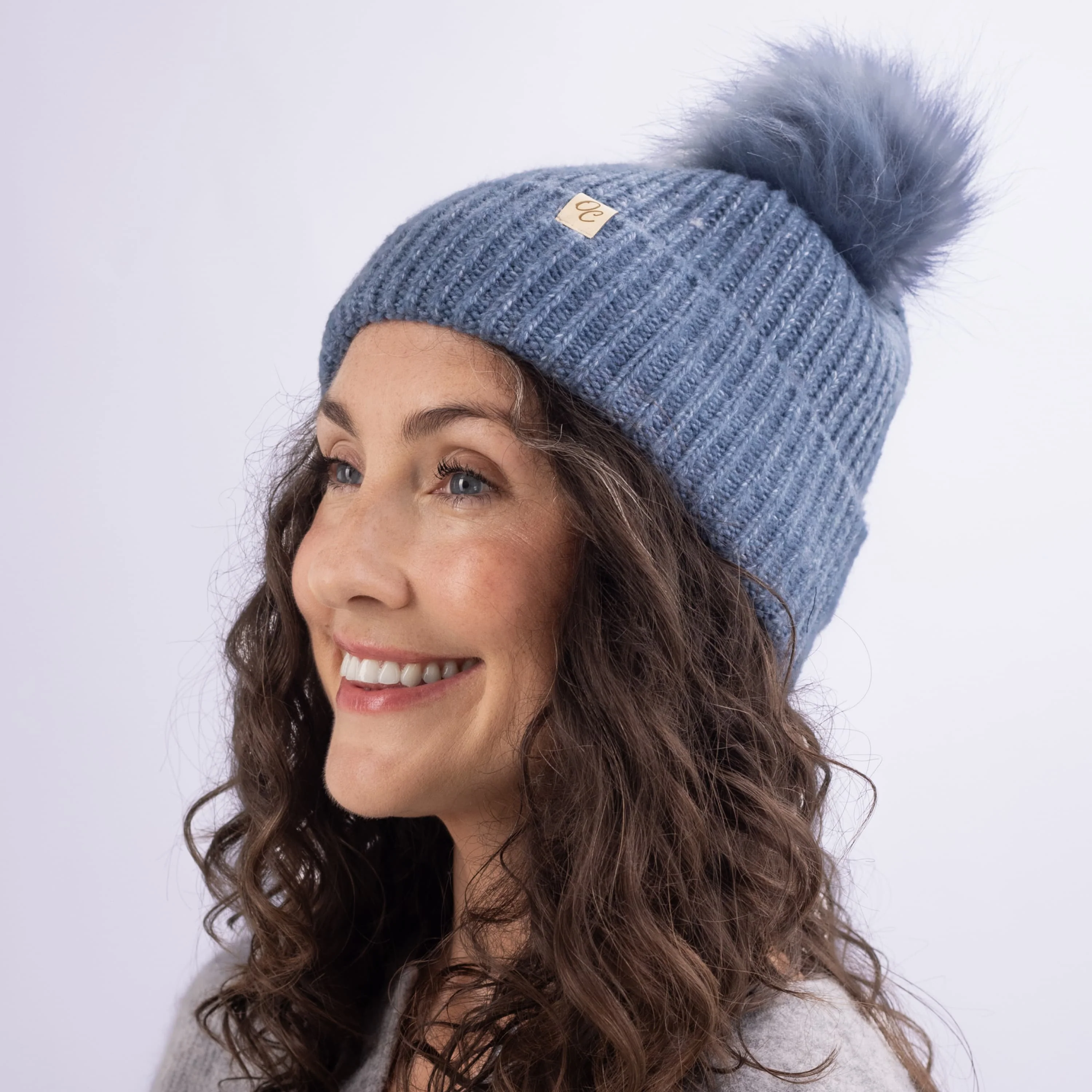 Only Curls Satin Lined Beanie with Pom - Carrie in Dusty Blue - Image 4