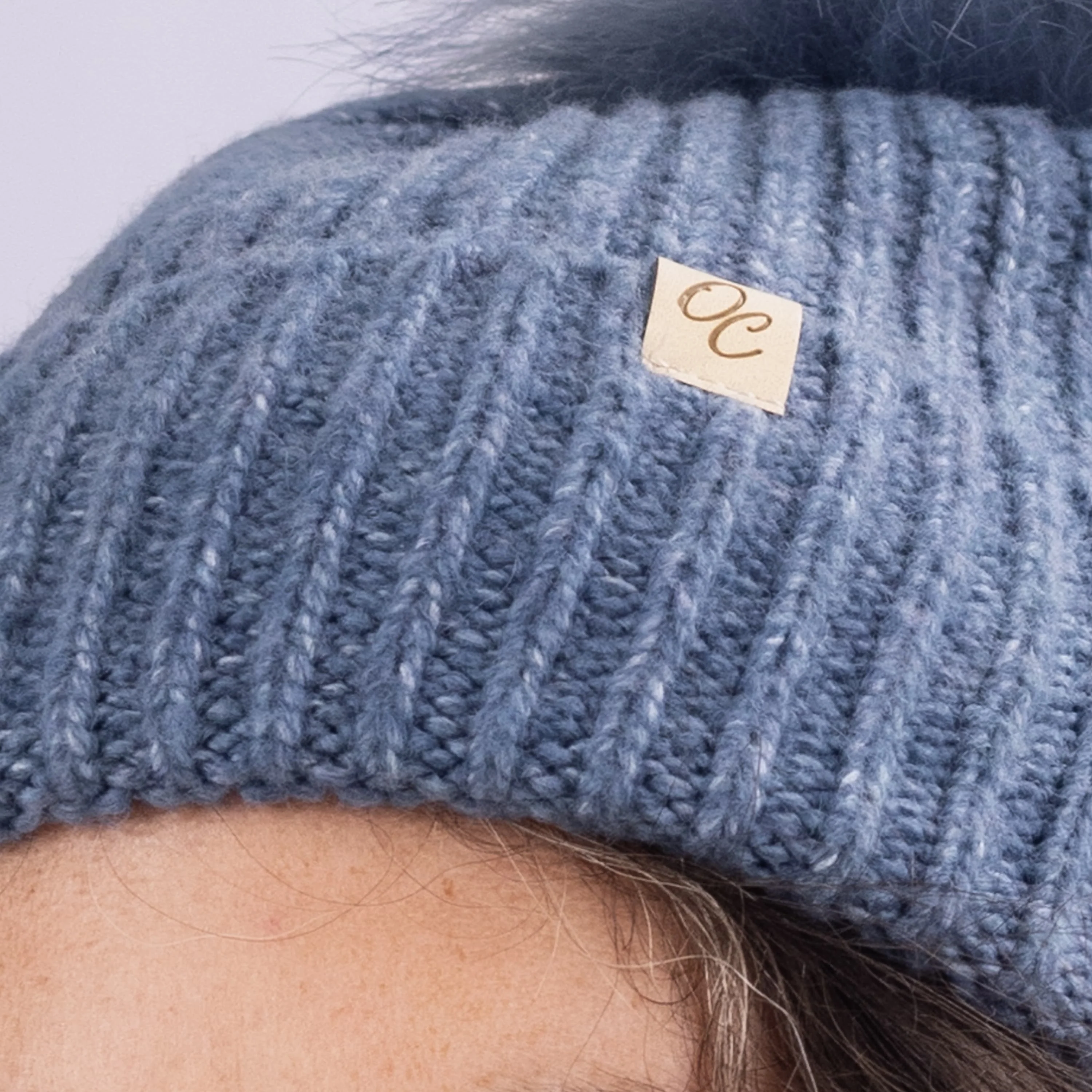 Only Curls Satin Lined Beanie with Pom - Carrie in Dusty Blue - Image 5