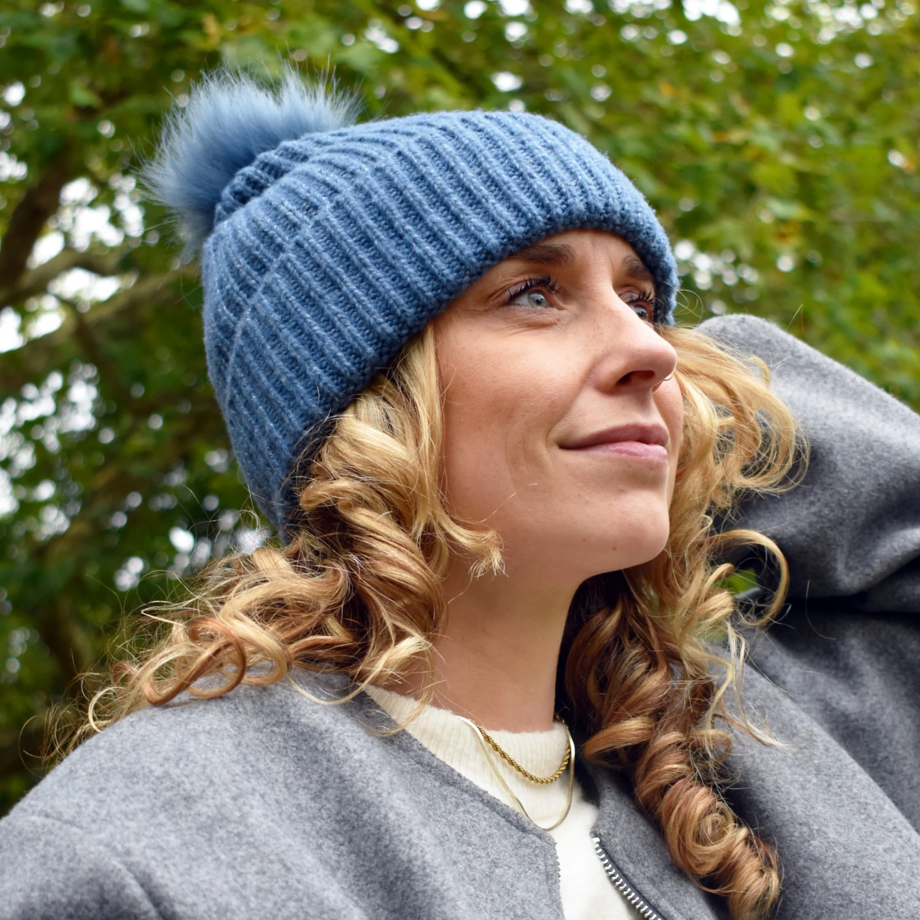 Only Curls Satin Lined Beanie with Pom - Carrie in Dusty Blue - Image 7