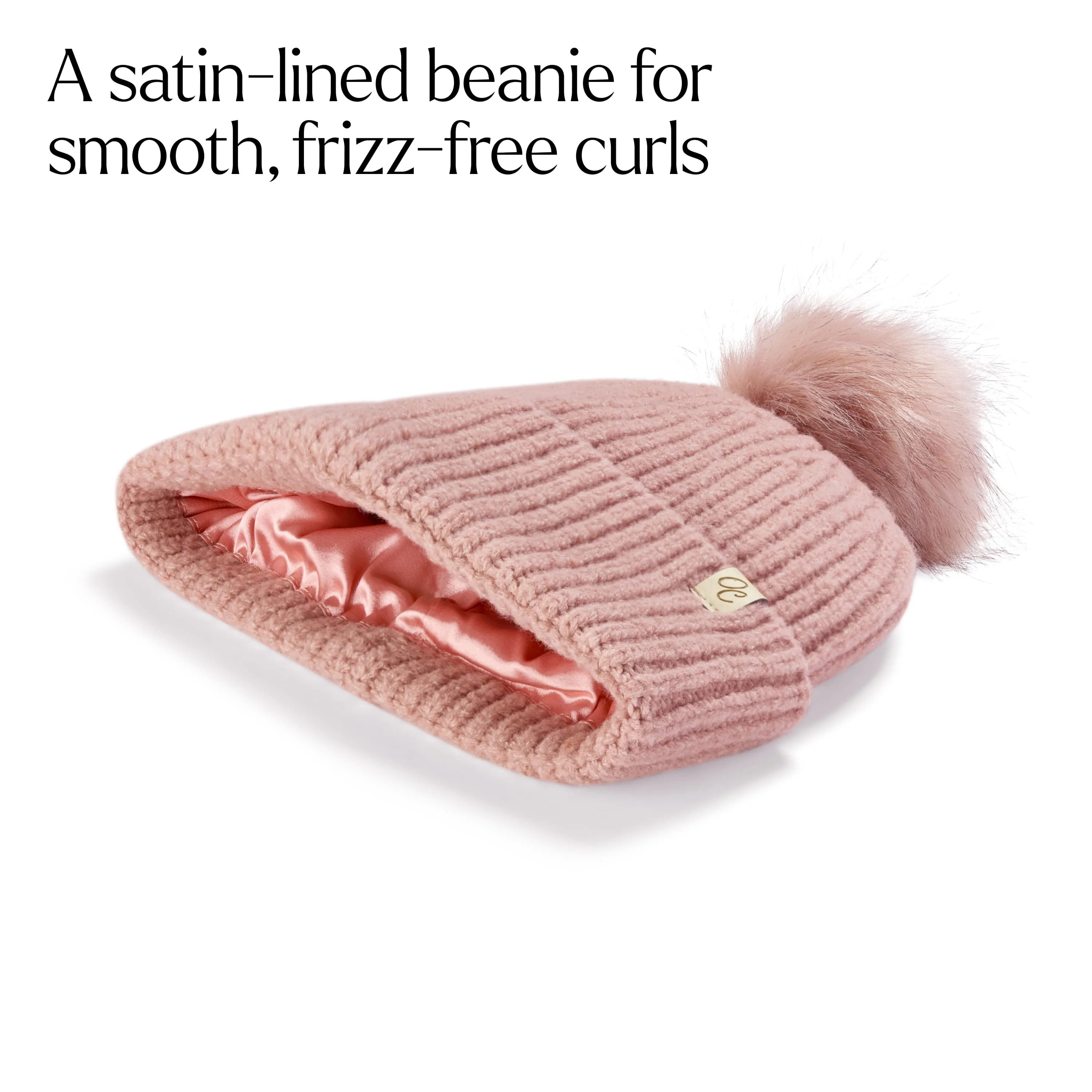 Only Curls Satin Lined Beanie with Pom - Carrie in Dusty Pink - Image 3