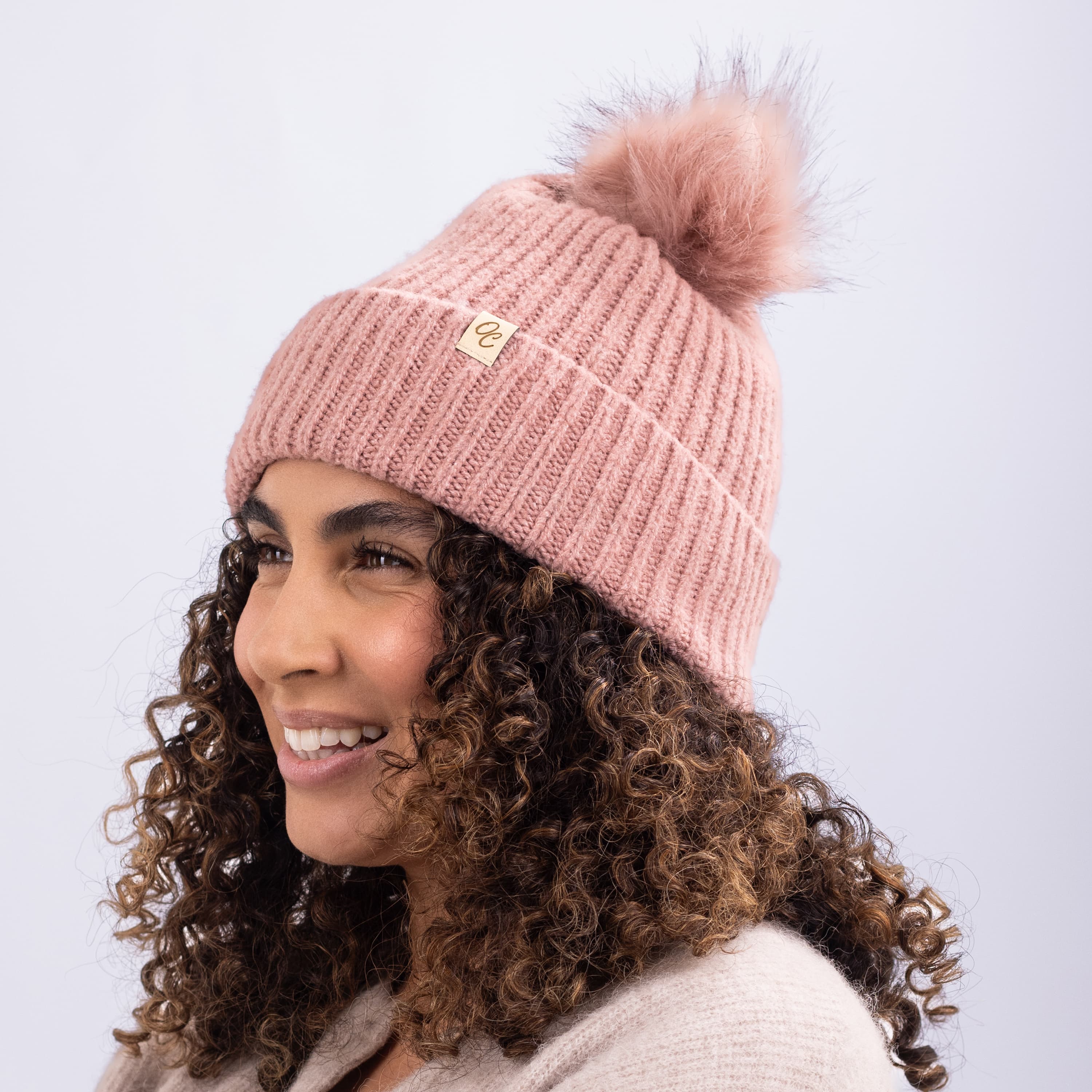 Only Curls Satin Lined Beanie with Pom - Carrie in Dusty Pink - Image 4