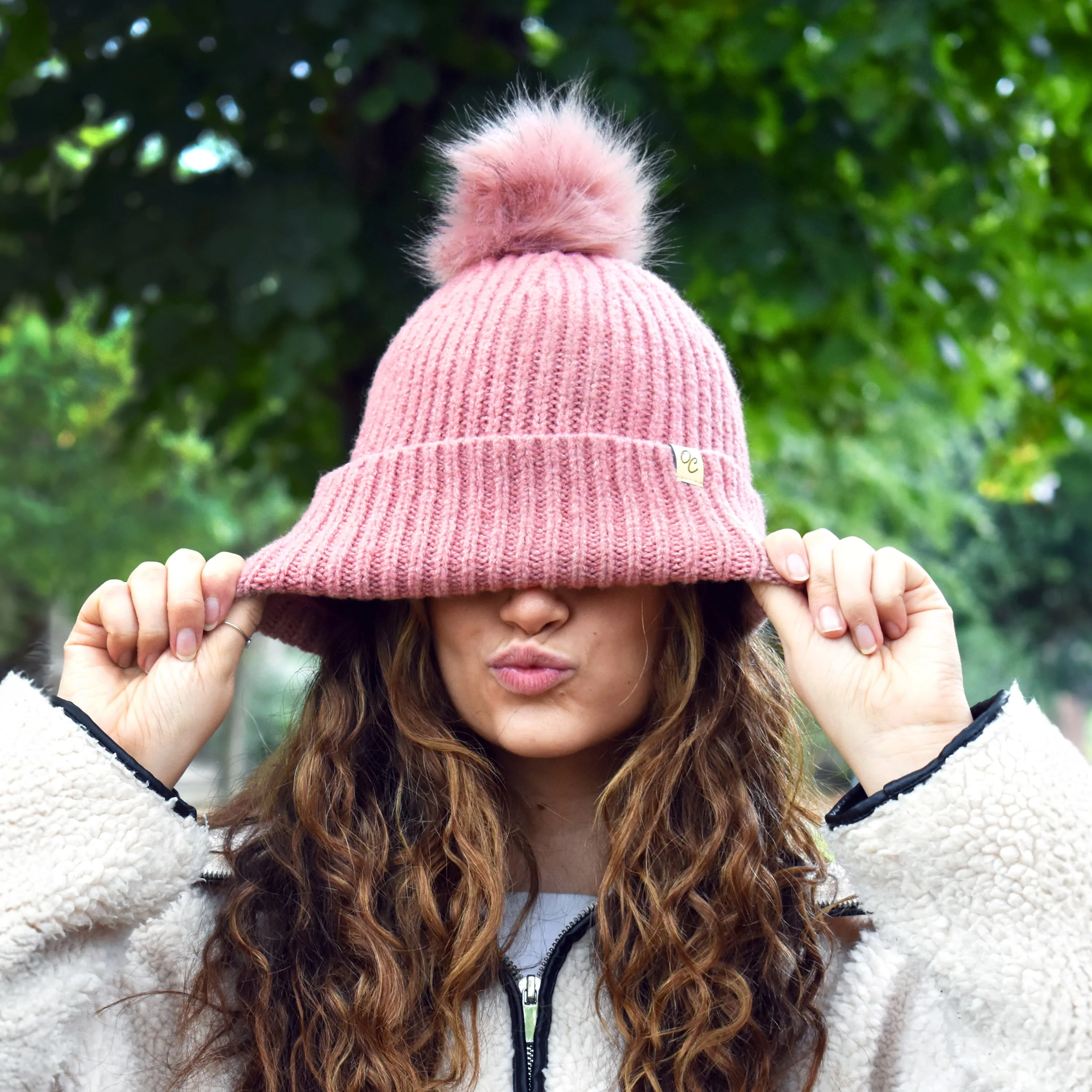 Only Curls Satin Lined Beanie with Pom - Carrie in Dusty Pink - Image 7