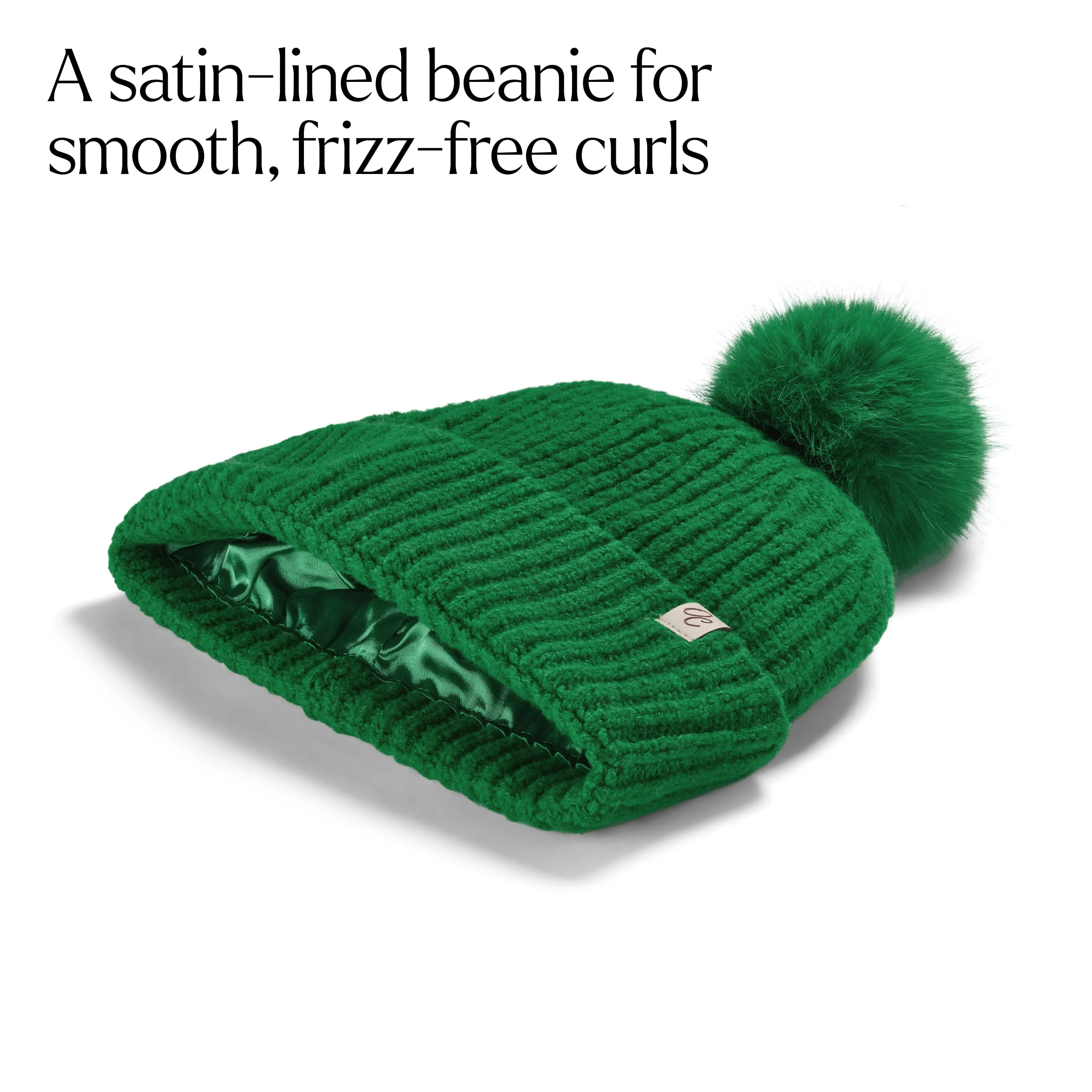 Only Curls Satin Lined Beanie with Pom - Carrie in Emerald Green - Image 3