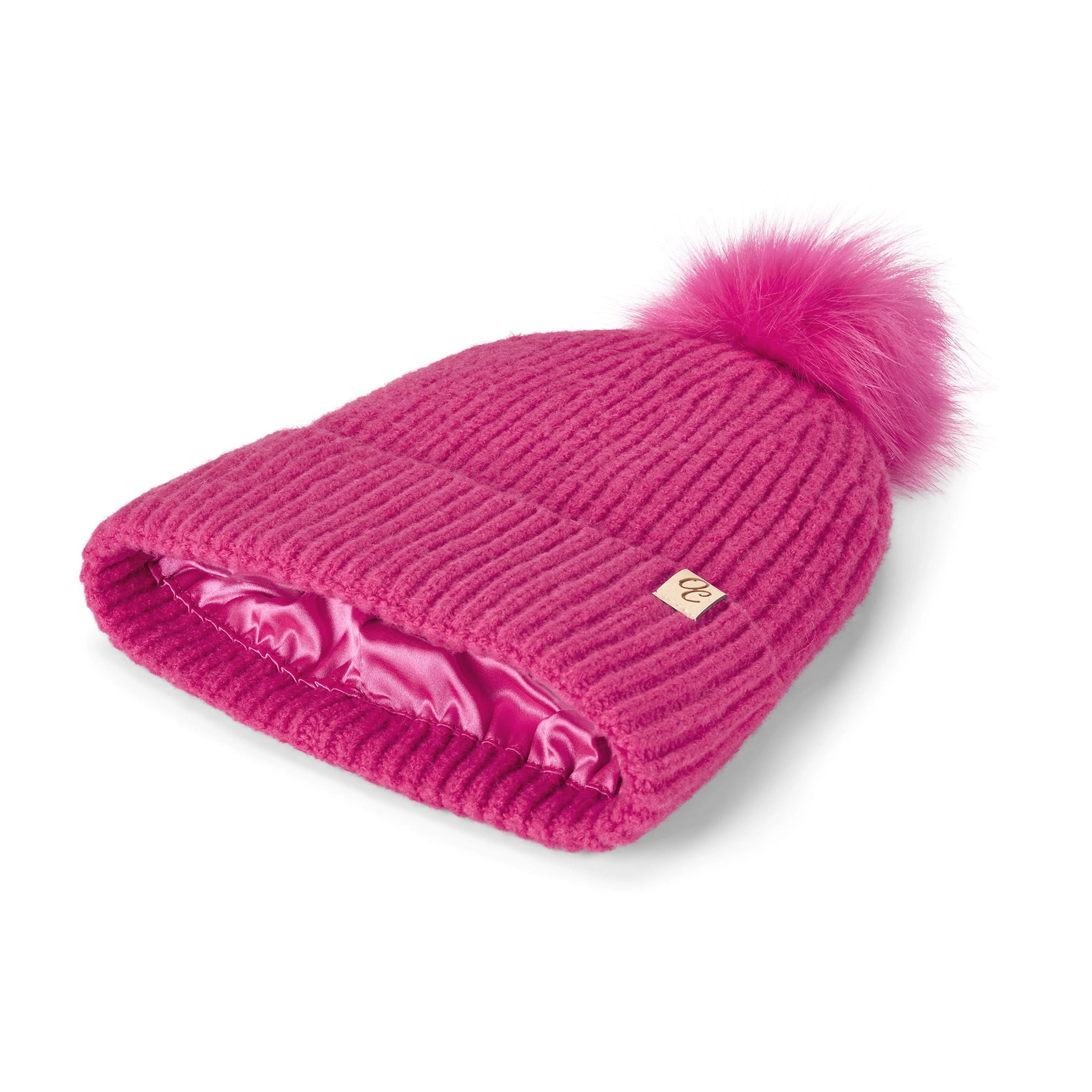 Only Curls Satin Lined Beanie with Pom - Carrie in Hot Pink - Image 5