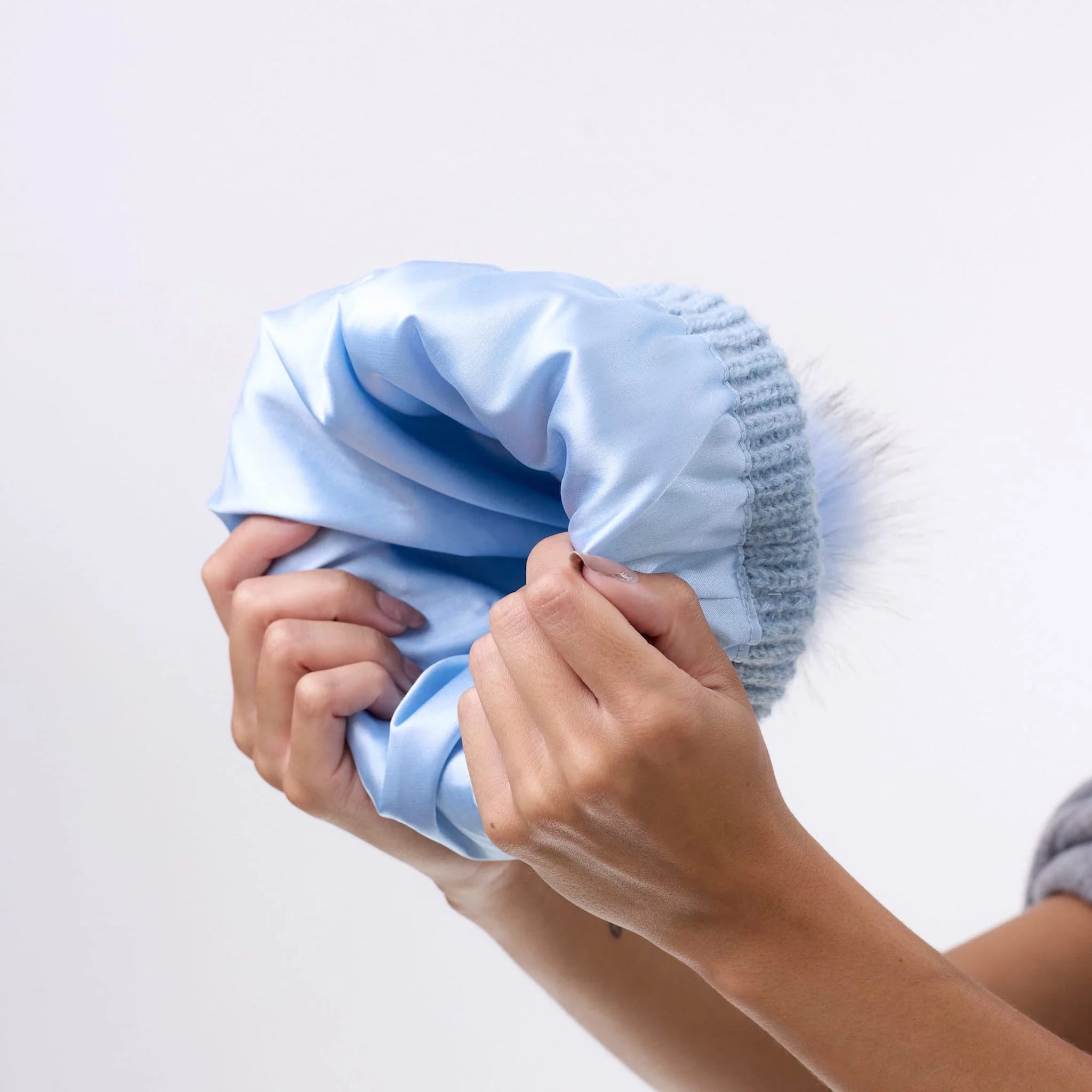 Only Curls Satin Lined Beanie with Pom - Carrie in Light Blue - Image 3