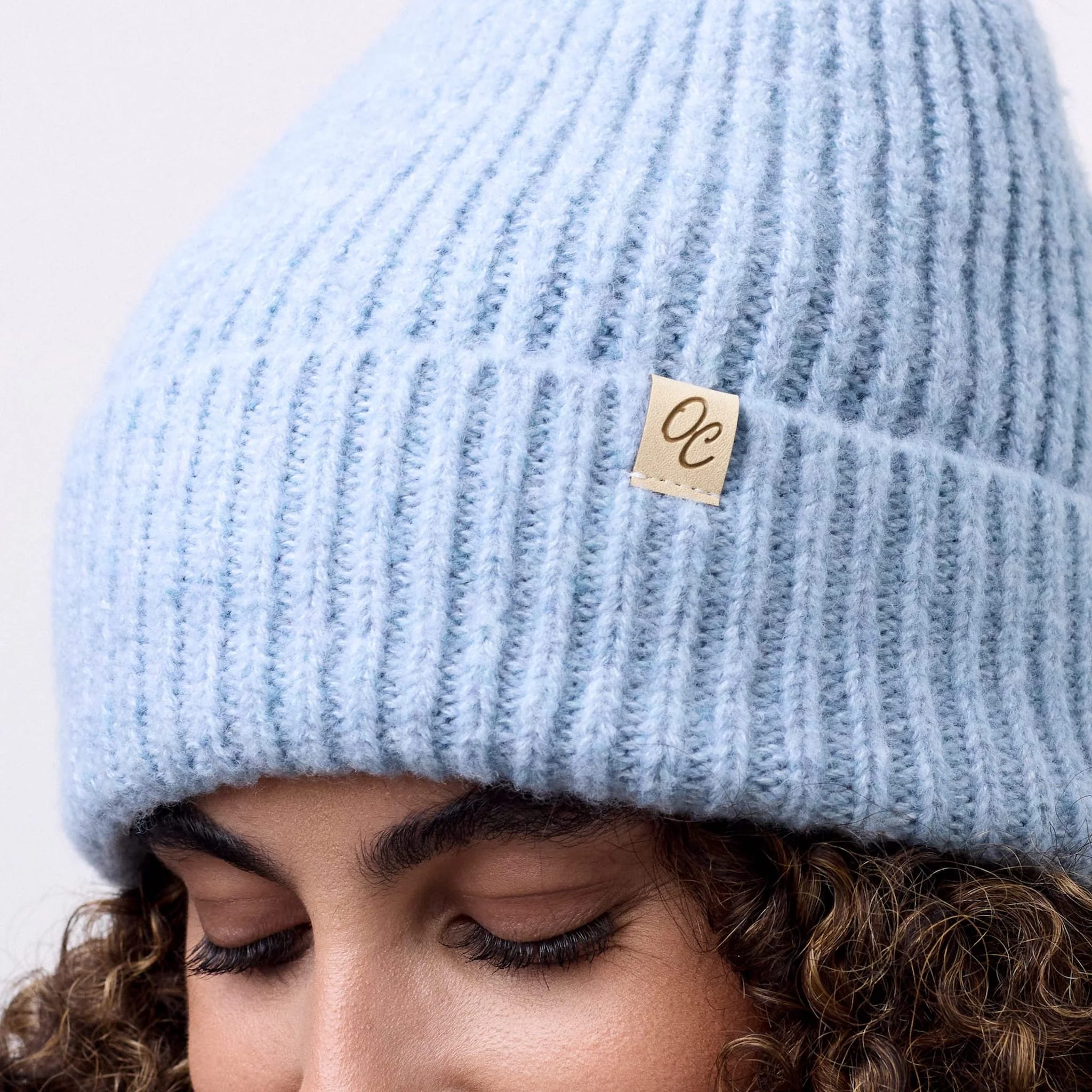 Only Curls Satin Lined Beanie with Pom - Carrie in Light Blue - Image 4