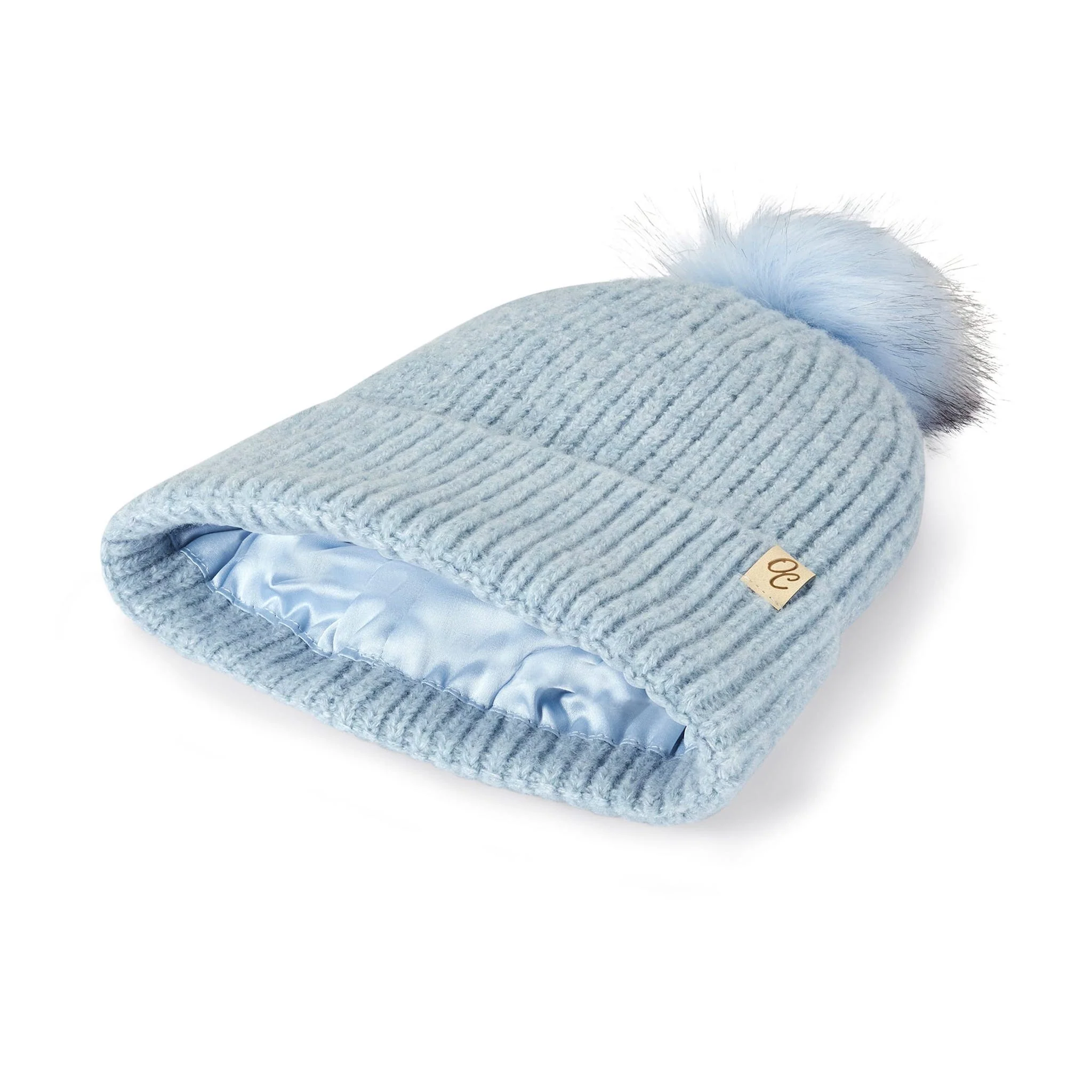 Only Curls Satin Lined Beanie with Pom - Carrie in Light Blue - Image 5