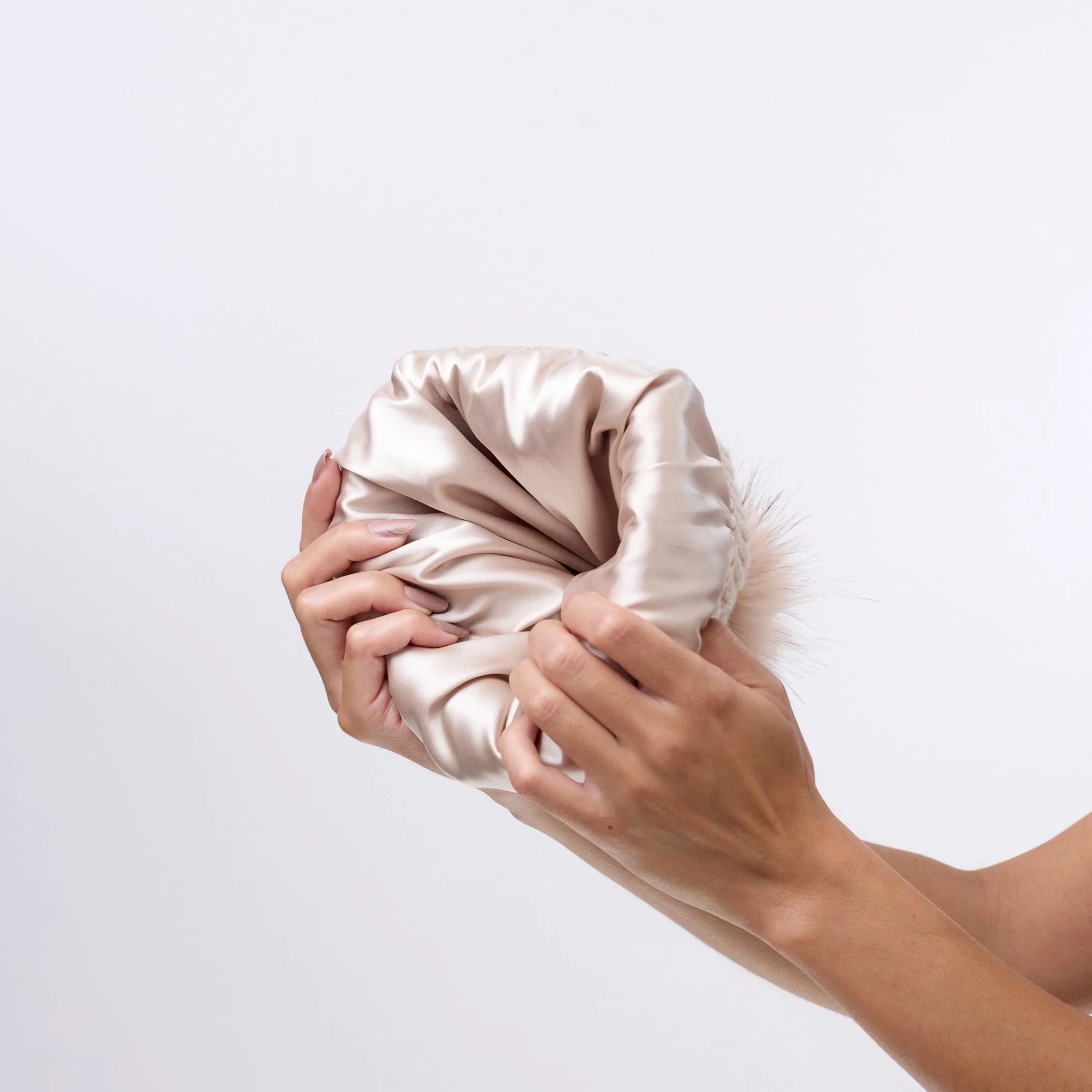 Only Curls Satin Lined Beanie with Pom - Carrie in Sand - Image 3