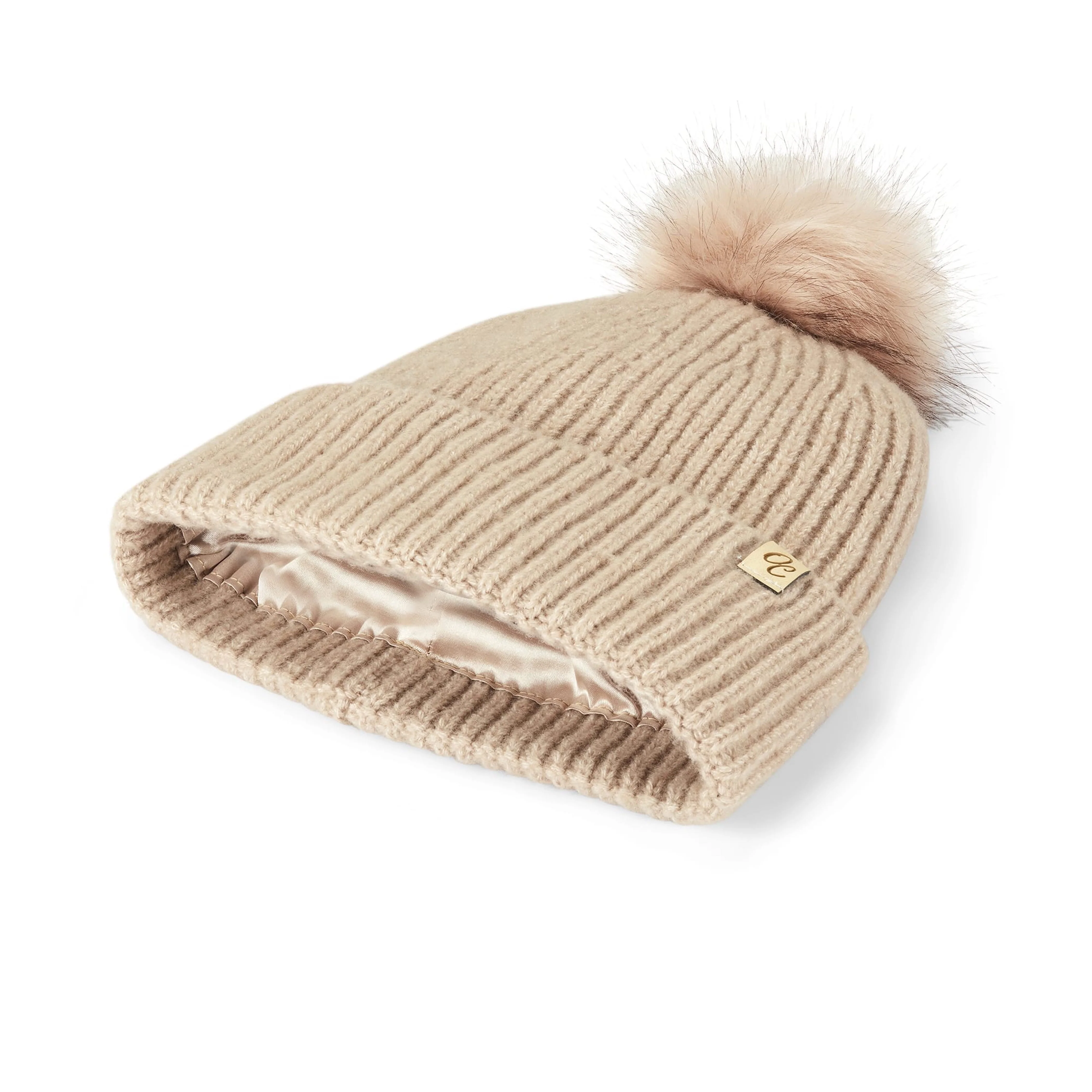 Only Curls Satin Lined Beanie with Pom - Carrie in Sand - Image 5