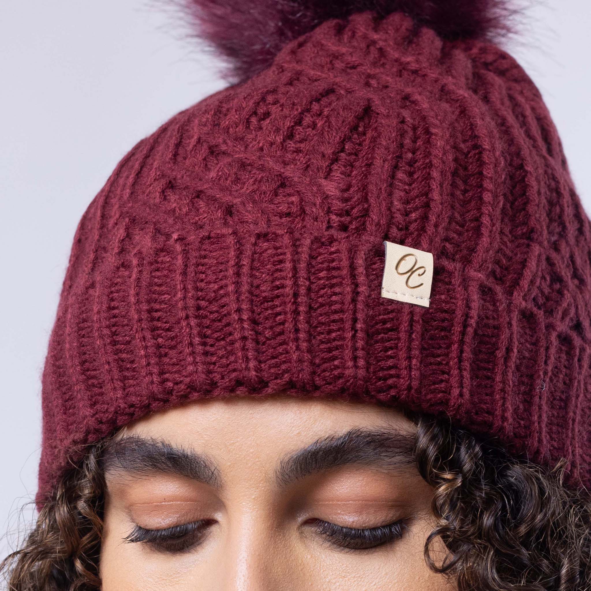 Only Curls Satin Lined Knitted Beanie Hat - Burgundy with Pom Pom - Image 3
