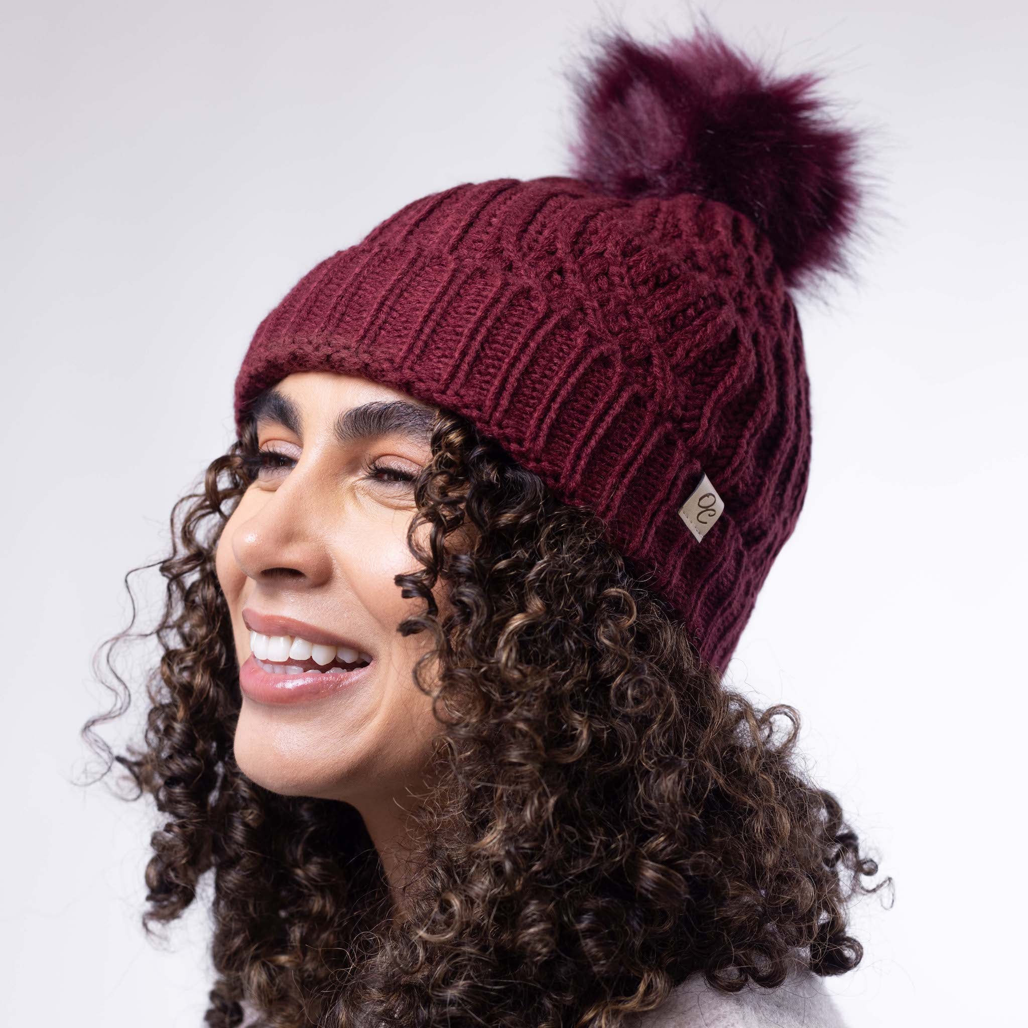 Only Curls Satin Lined Knitted Beanie Hat - Burgundy with Pom Pom - Image 5