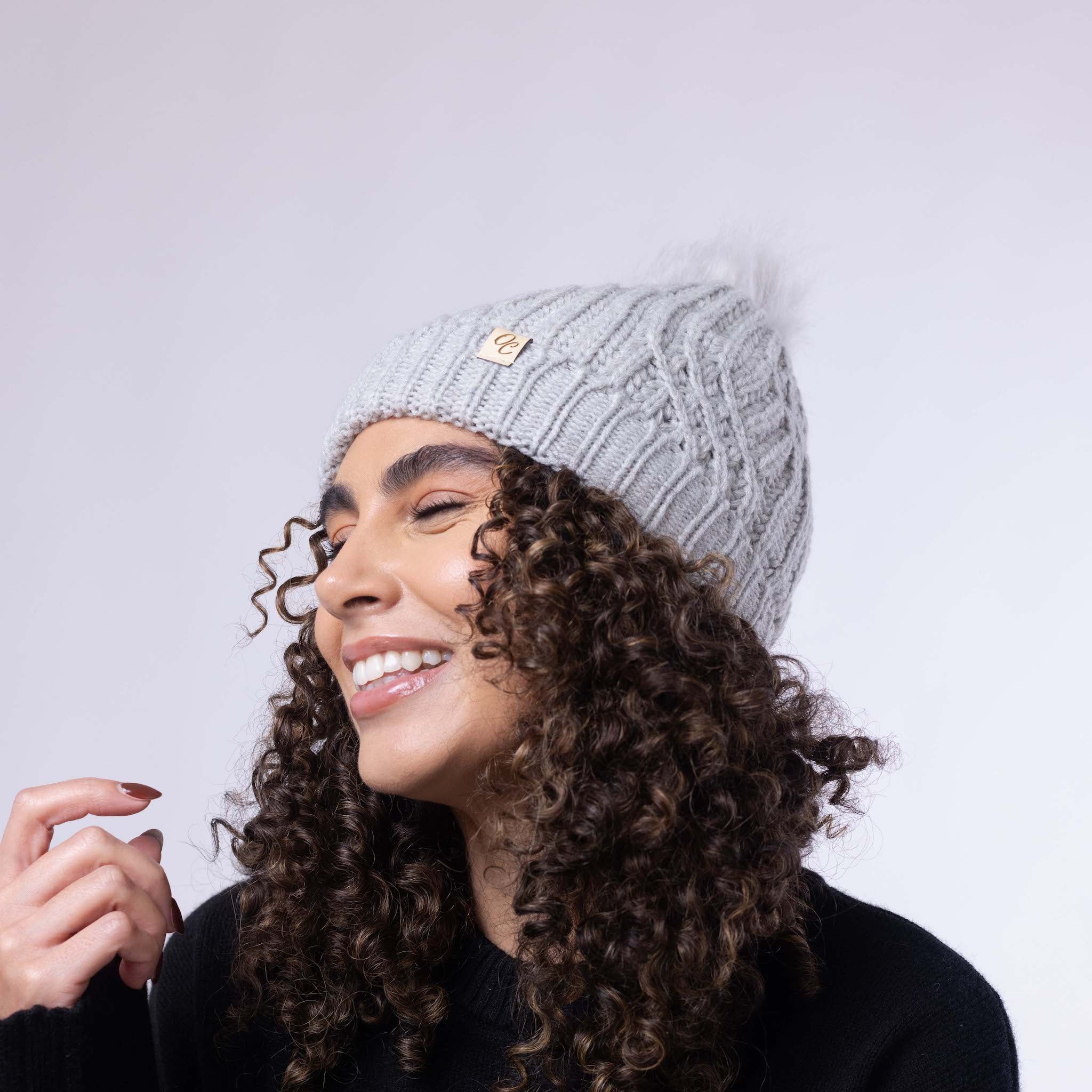Only Curls Satin Lined Knitted Beanie Hat - Grey with Pom Pom - Image 4