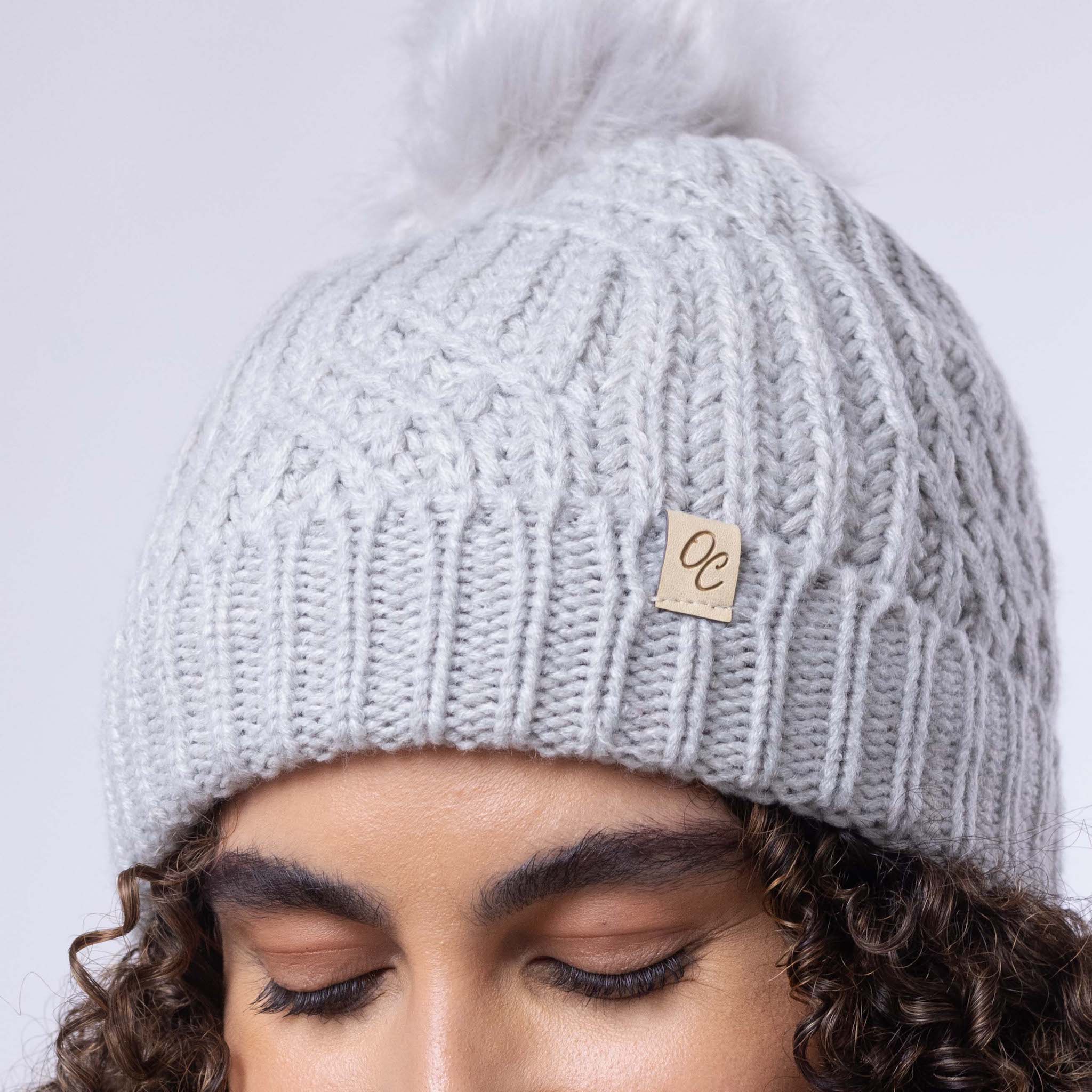 Only Curls Satin Lined Knitted Beanie Hat - Grey with Pom Pom - Image 5