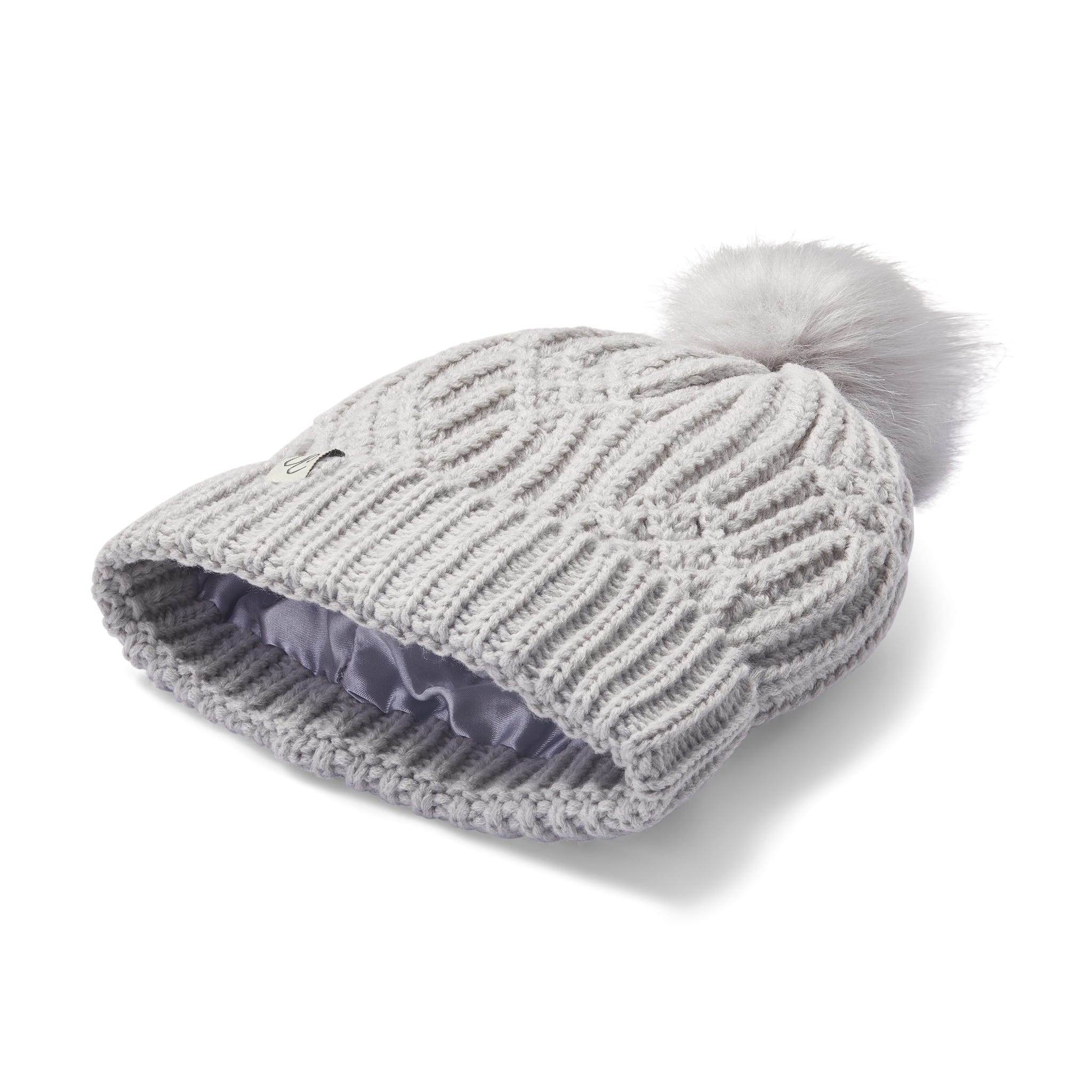 Only Curls Satin Lined Knitted Beanie Hat - Grey with Pom Pom - Image 6